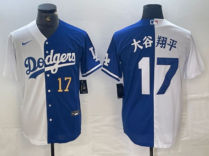Men Los Angeles Dodgers 17 Ohtani White blue double Nike Game MLB Jersey style 2